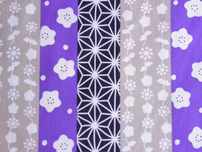 Tissus à bandes verticales motifs japonais fleuris et géométriques ,violet, beige,noir - 20 cm